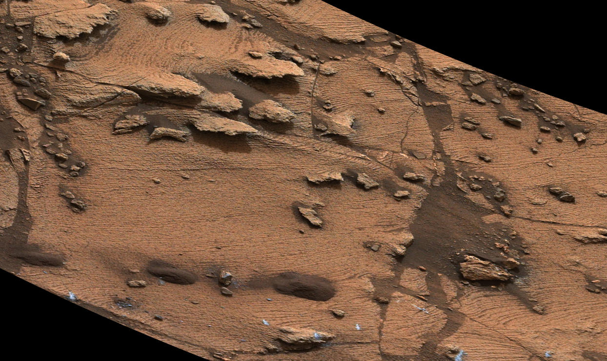 This image shows an example of a thin-laminated, evenly stratified rock type that occurs in the "Pahrump Hills" outcrop at the base of Mount Sharp on Mars. The Mastcam on NASA's Curiosity Mars rover acquired this view on Oct. 28, 2014. This type of rock can form under a lake.