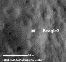 A configuration interpreted as the United Kingdom's Beagle 2 Lander, with solar panels at least partially deployed, is indicated in this composite of two images from the High Resolution Imaging Science Experiment (HiRISE) camera on NASA's Mars Reconnaissance Orbiter.