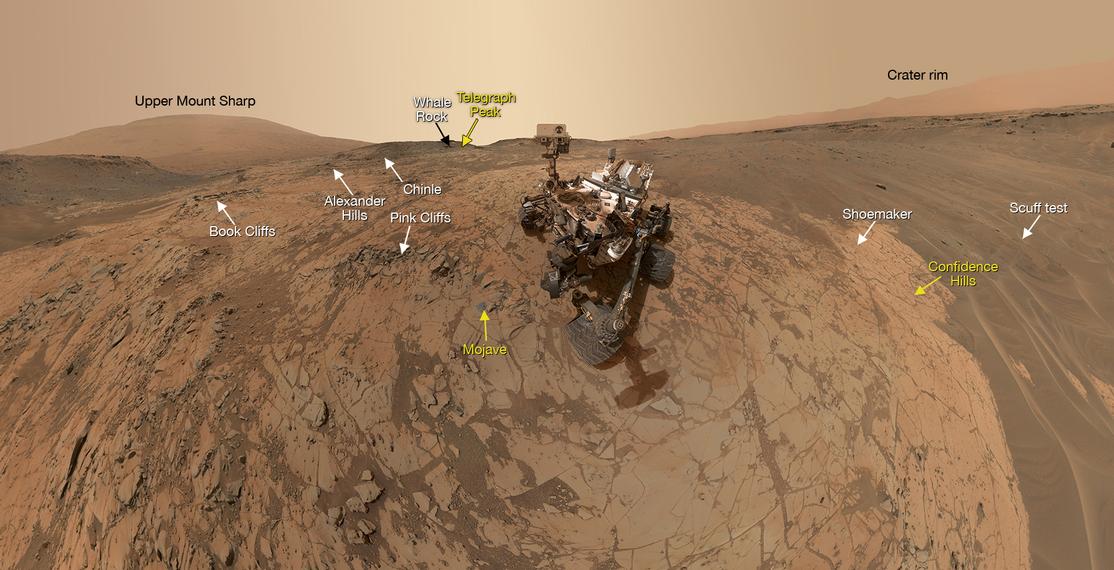 This self-portrait of NASA's Curiosity Mars rover shows the vehicle at the 'Mojave' site, where its drill collected the mission's second taste of Mount Sharp. The scene combines dozens of images taken during January 2015 by the MAHLI camera at the end of the rover's robotic arm.