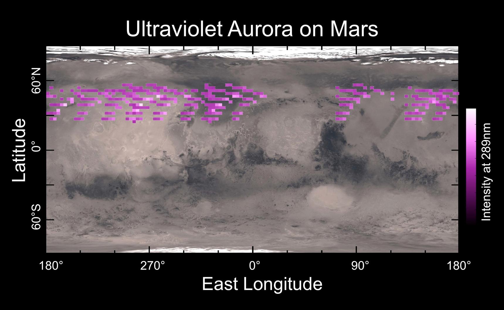 A map of MAVEN's Imaging Ultraviolet Spectrograph (IUVS) auroral detections in December 2014 overlaid on Mars' surface.