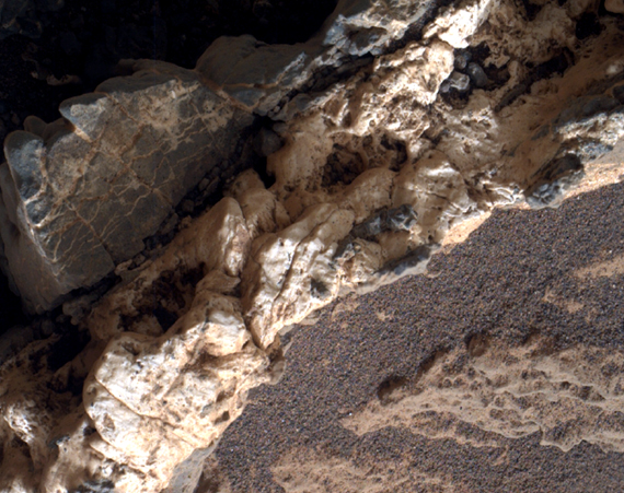 This view from the Mars Hand Lens Imager (MAHLI) on the arm of NASA's Curiosity Mars rover shows a combination of dark and light material within a mineral vein at a site called "Garden City" on lower Mount Sharp. The image was taken on April 4, 2015, and covers an area roughly 1 inch wide.