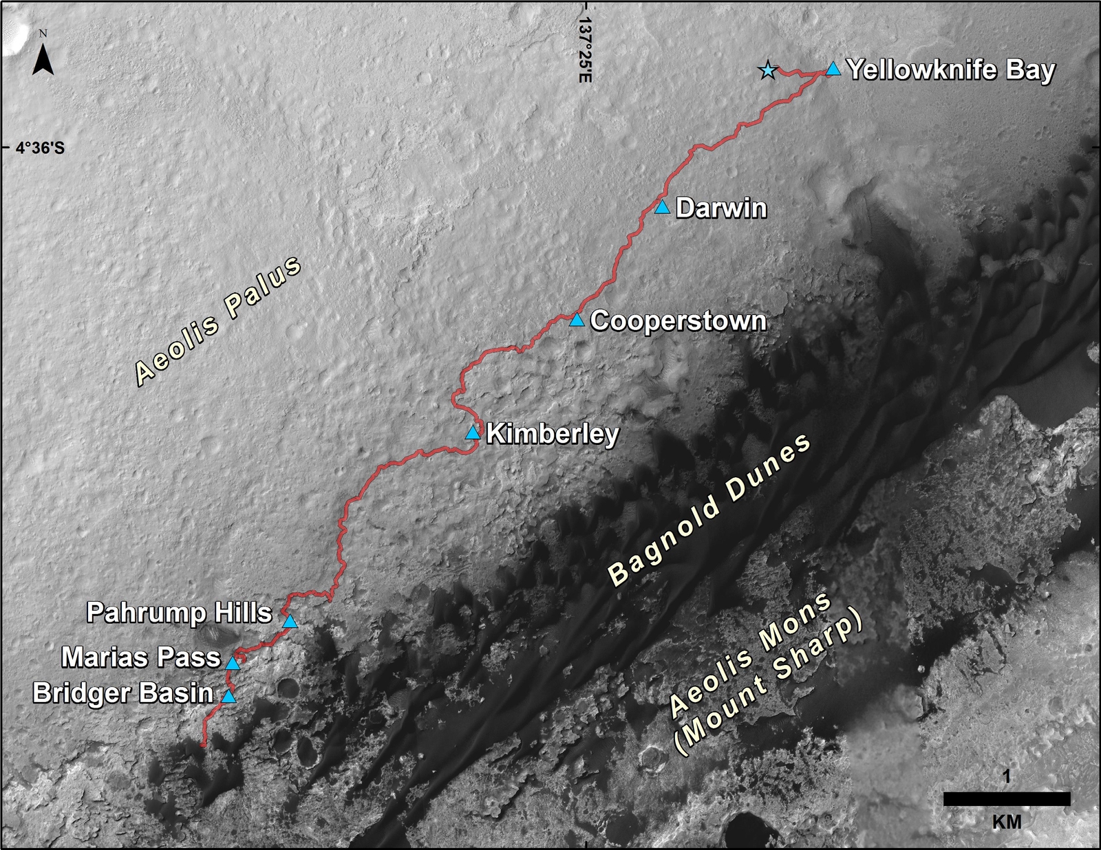 This map shows the route driven by NASA's Curiosity Mars rover from the location where it landed in August 2012 to its location in December 2015, at examples of the Bagnold Dunes.