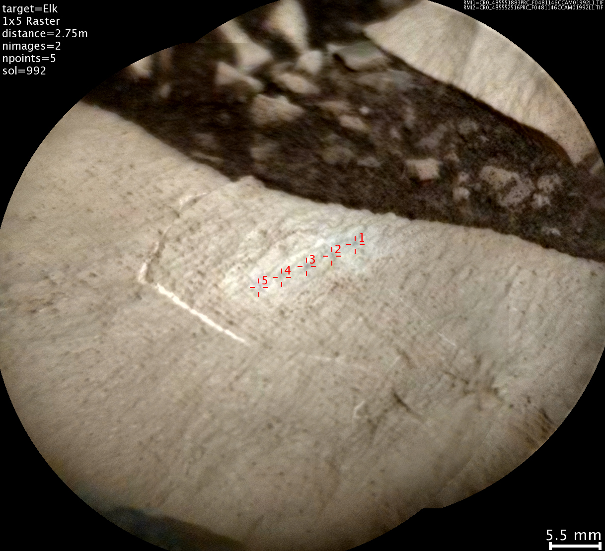 This image from the Chemistry and Camera (ChemCam) instrument on NASA's Curiosity Mars rover shows detailed texture of a rock target called "Elk" on Mars' Mount Sharp, revealing laminations that are present in much of the Murray Formation geological unit of lower Mount Sharp.