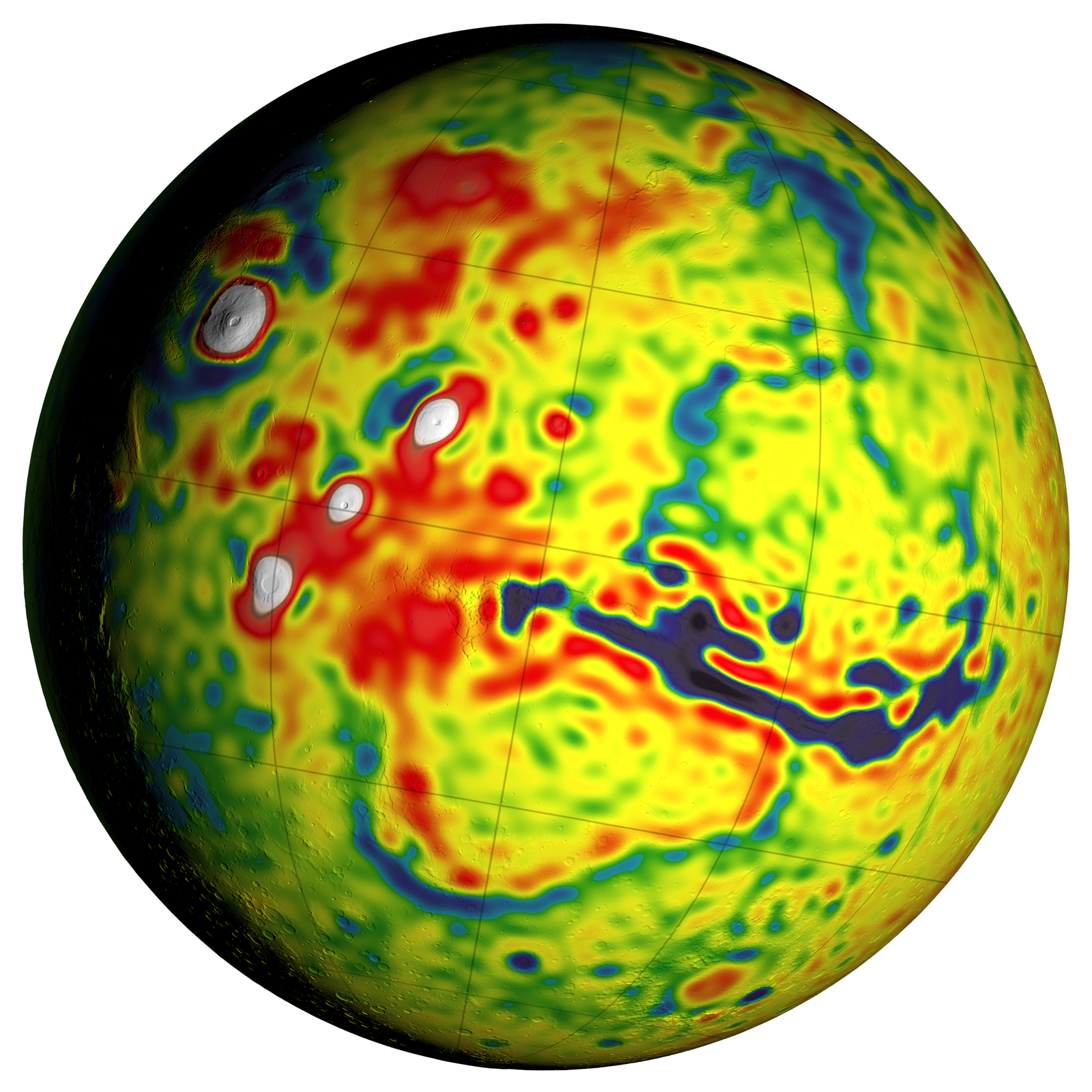This map shows unprecedented detail of local variations in Mars' gravitational pull on orbiters. The gravitational mapping has been applied to map variations in the thickness of the planet's crust and to deduce information about its deeper interior.