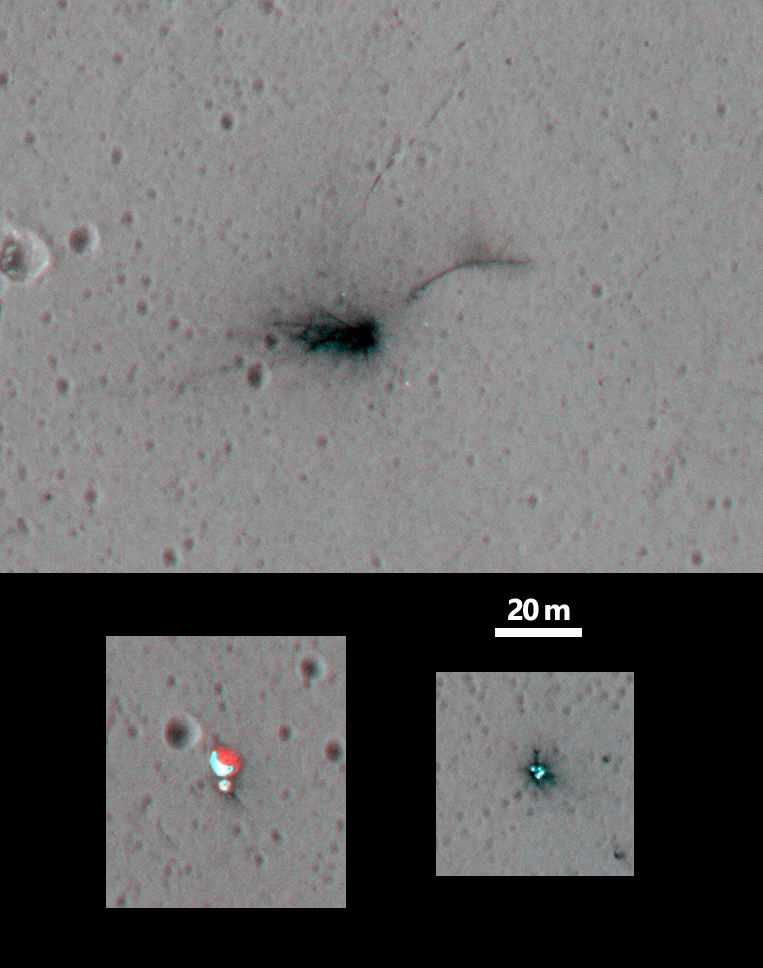 These views of sites where hardware from Europe's Schiaparelli test lander hit Mars on Oct. 19, 2016, combine two HiRISE camera orbital views from different angles, as a stereo pair for viewing with red-blue glasses. Top: lander; lower left: parachute and back shell; lower right: heat shield.