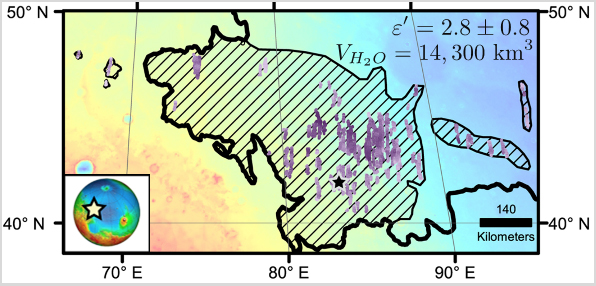 Diagonal striping on this map of a portion of Mars' Utopia Planitia region indicates the area where a large subsurface deposit rich in water ice was assessed using the Shallow Radar (SHARAD) instrument on NASA's Mars Reconnaissance Orbiter.  The deposit holds about as much water as Lake Superior.