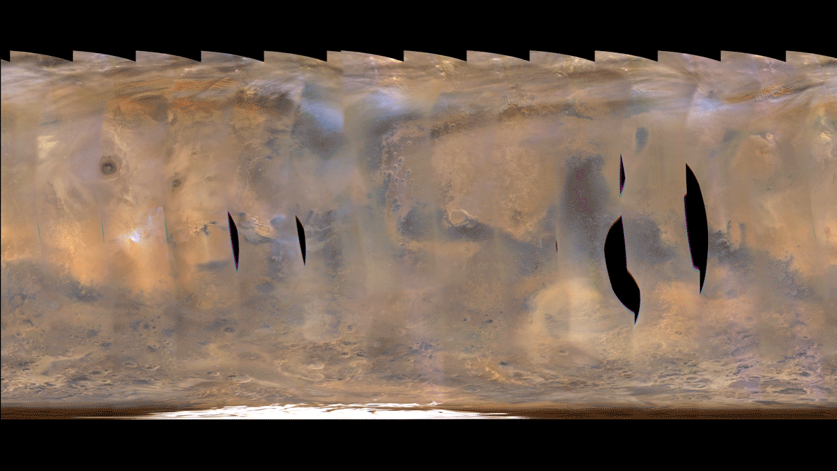 This movie clip shows a global map of Mars with atmospheric changes from Feb. 18, 2017, through March 6, 2017, a period when two regional-scale dust storms appeared. It combines hundreds of images from the Mars Color Imager (MARCI) camera on NASA's Mars Reconnaissance Orbiter.