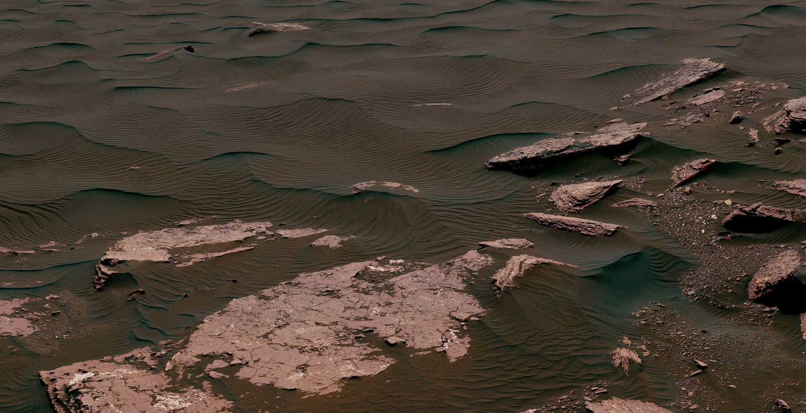 This view from the Mast Camera (Mastcam) on NASA's Curiosity Mars rover shows two scales of ripples, plus other textures, in an area where the mission examined a linear-shaped dune in the Bagnold dune field on lower Mount Sharp in March and April 2017.