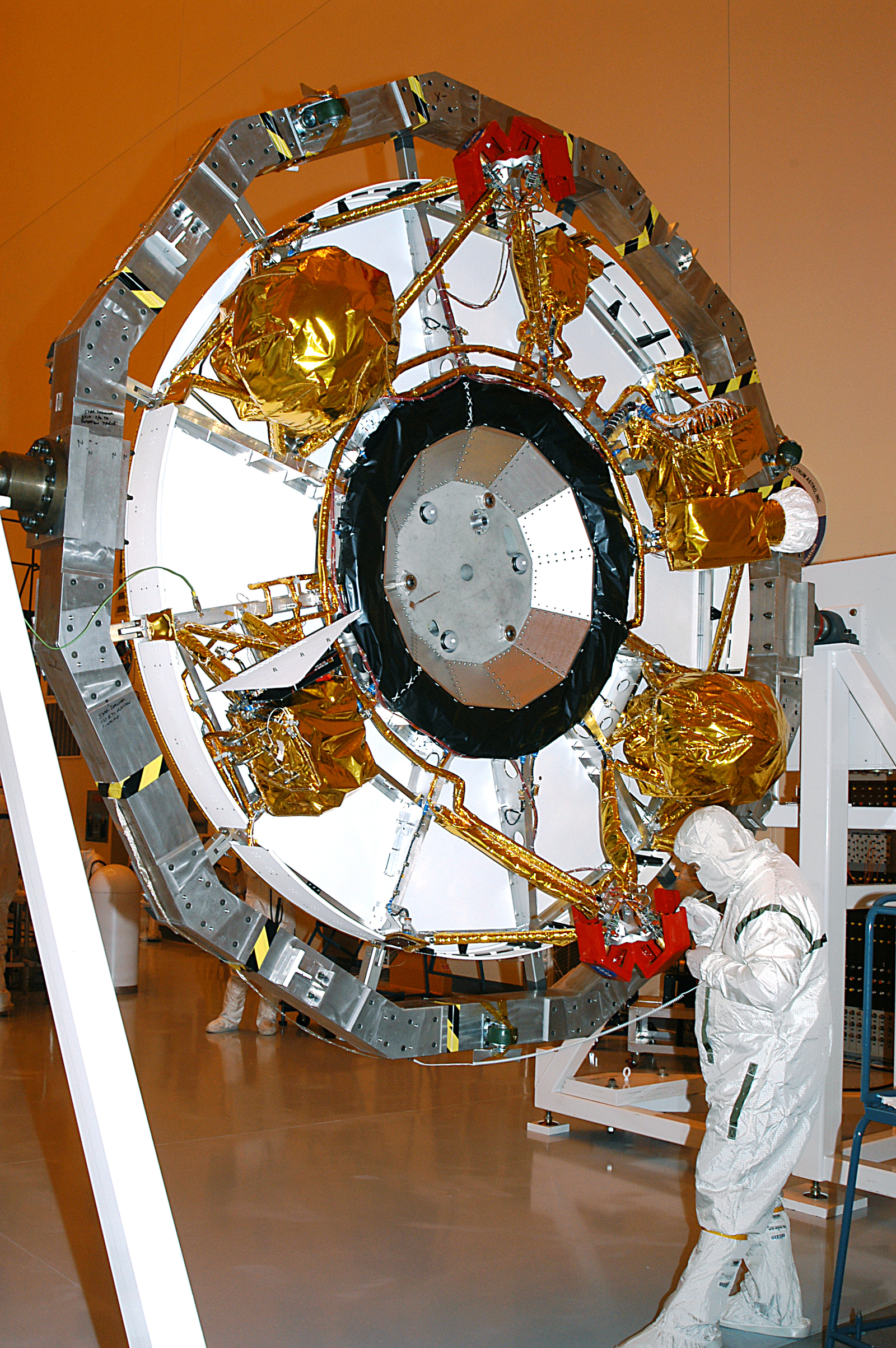 The aeroshell for Mars Exploration Rover 2 rests on end after rotation in the Payload Hazardous Servicing Facility.
