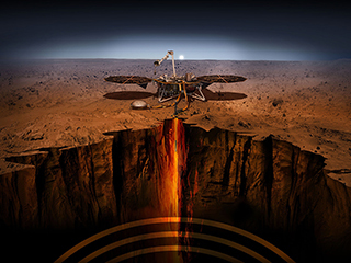 Un'illustrazione dell'artista del lander InSight su Marte.