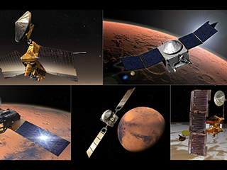 Five spacecraft currently in orbit about the Red Planet make up the Mars Relay Network to transmit commands from Earth to surface missions and receive science data back from them. 