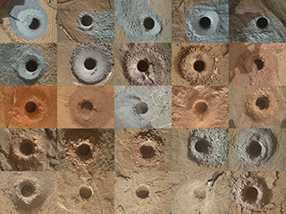 NASA’s Curiosity Mars rover has used the drill on its robotic arm to take 32 rock samples to date. The Mars Hand Lens Imager (MAHLI), a camera on the end of the robotic arm, provided the images in this mosaic.