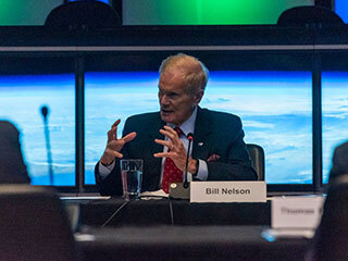 NASA Administrator Bill Nelson addresses participants during a climate roundtable at the agency's Jet Propulsion Laboratory in Southern California on Oct. 14, 2021.