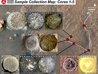 This annotated map shows the locations where NASA’s Perseverance Mars rover collected its first witness tube and filled its first six samples. The name of each rock target appears at the top of each inset image. Also indicated is the Martian day, or sol, of the rover’s mission and whether the rover abraded the target or drilled for a core sample. 