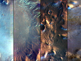 Martian surface frost, made up largely of carbon dioxide, appears blueish-white in these images from the Thermal Emission Imaging System (THEMIS) camera aboard NASA’s 2001 Odyssey orbiter. THEMIS takes images in both visible light perceptible to the human eye and heat-sensitive infrared.