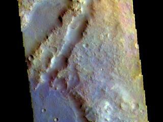 This image from NASAs Mars Odyssey shows linear depressions that are part of Nili Fossae. Nili Fossae is a collection of curved faults and down-dropped blocks of crust between the faults.