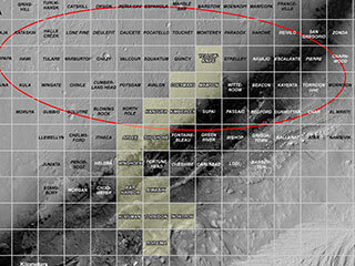 This map shows all the quadrant themes for NASA’s Curiosity Mars rover, which is currently in the Roraima quadrant seen at the bottom. The red oval indicates the landing ellipse where the rover was targeted to touch down in 2012. The yellow-tinted quadrants are areas the rover has driven through since then.