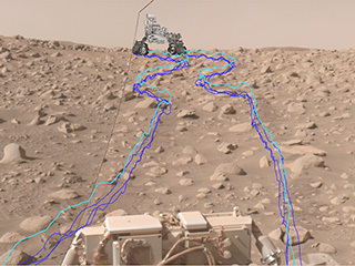 This annotated composite image shows the path NASA’s Perseverance Mars rover took through a dense section of boulders.
